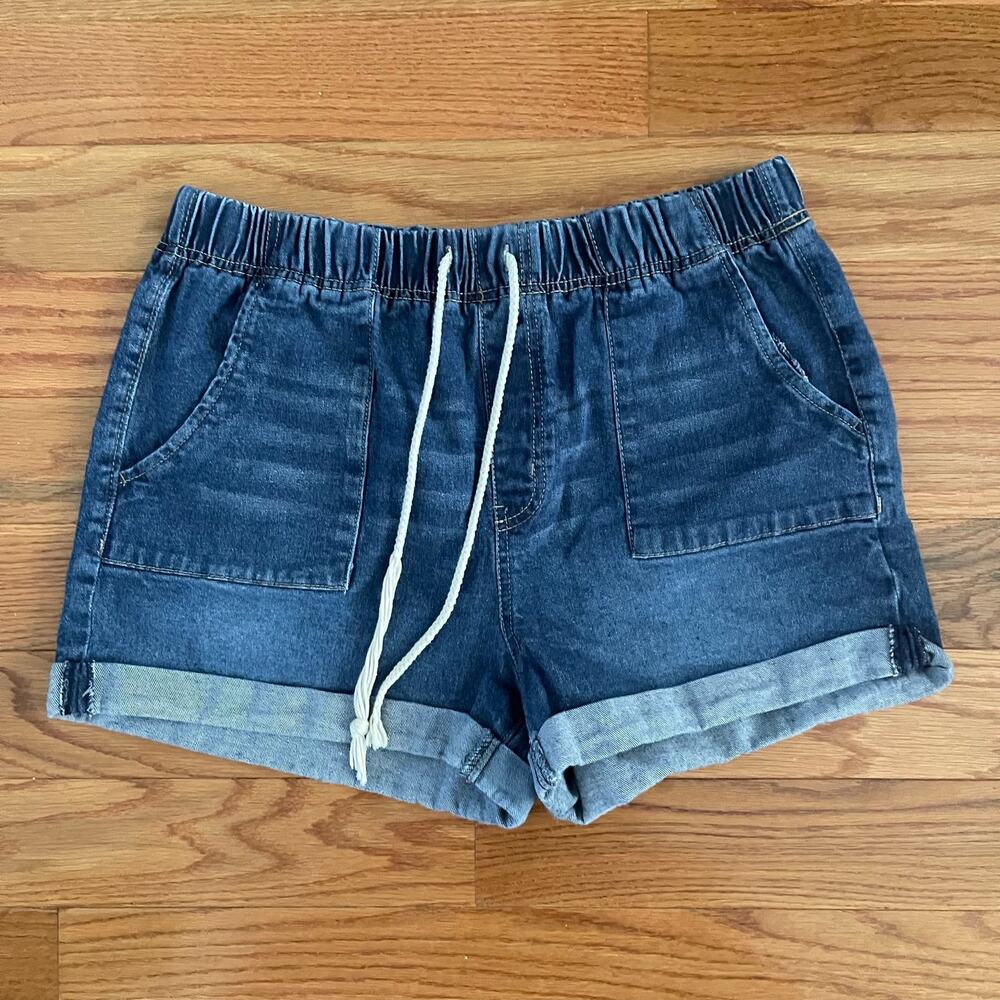 Steve Madden Denim Shorts Pull On Elastic Drawstring Cuffed Patch Pocket XL Blue